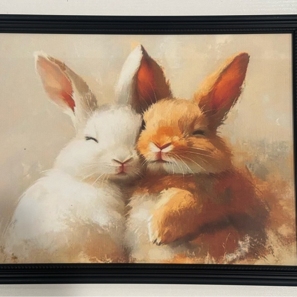 Two bunnies cuddling each other Easter spring home decor framed art print 8x10in